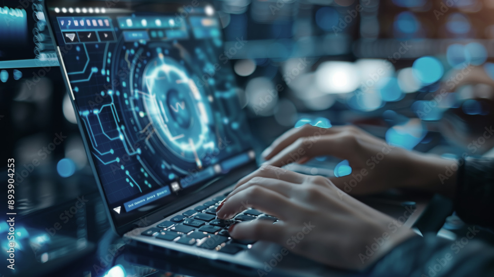 Poster A person is typing on a laptop with a blue screen. The laptop is displaying a complex design with many lines and shapes. The person appears to be focused on their work