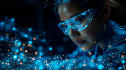 A scientist analyzing complex biological data using Bioinformatics in a futuristic lab