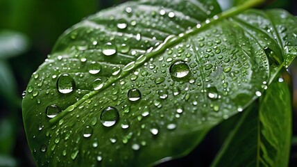Detailed Close-Up of Morning Dew Drops on a Vibrant Tropical Leaf