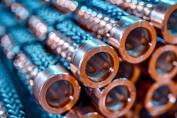 Close-Up of Metallic Tubes with Intricate Patterns and Reflections