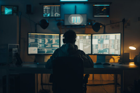 A man in a hoodie, illuminated by the glowing screens, works intensely on multiple computer monitors in a dimly lit room.