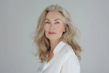Fototapeta premium An elegant older woman with flowing gray hair and a gentle smile poses gracefully against a light, neutral background, emanating confidence and beauty.