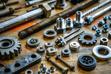 A multitude of gears, nuts, and mechanical components spread out on a workbench, emphasizing industrial precision and mechanical engineering.