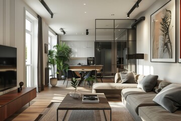 Interior of modern living room with black and white walls, wooden floor, comfortable sofa and coffee table.