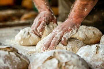 A baker's hands shaping dough into rustic artisan bread.
