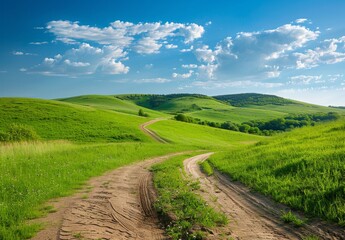 Fototapeta premium green grassy field with dirt roads and hills in the background