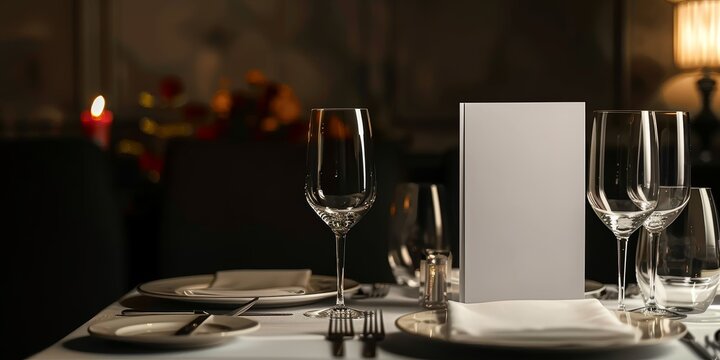 fine dining table setting of luxury fancy restaurant menu invitation card mockup for weddings and romantic eating event decoration as wide banner with empty black copy space