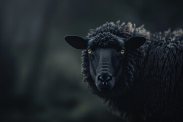 Fototapeta premium A dark, moody portrait of a black sheep in a dimly lit environment, with piercing eyes looking directly at the viewer.
