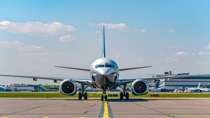 Naklejka premium Boeing 737 MAX plane on the ground, landed on the tarmac of Le Bourget airport, Le Bourget Air Show â€“ Paris Air Show in June