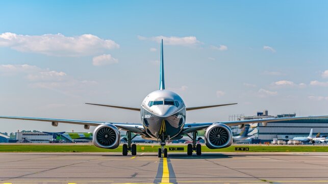 Boeing 737 MAX plane on the ground, landed on the tarmac of Le Bourget airport, Le Bourget Air Show &acirc;&euro;&ldquo; Paris Air Show in June