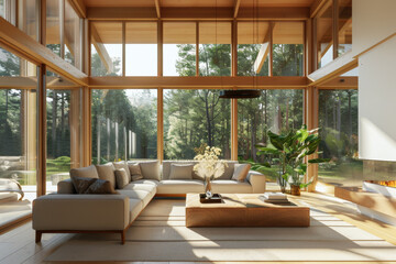 Fototapeta premium Bright, airy sunroom with a comfy white sectional sofa, low wooden coffee table, and large green plants, creating a perfect blend of indoor comfort and outdoor views.