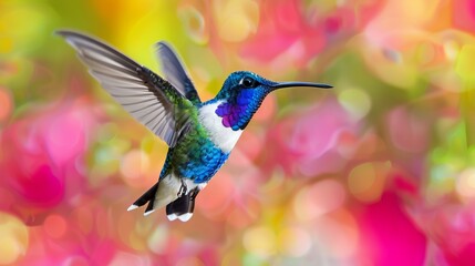 A stunning close-up of a hummingbird mid-flight, surrounded by a vibrant, colorful, and abstract background, showcasing the beauty and grace of nature in vivid detail.