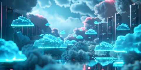 Obraz premium Cloud Services Cloud computing infrastructure with servers, dynamic elements, cool blue and grey color palette, ambient occlusion,