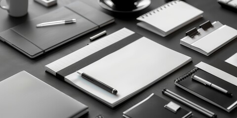 Corporate Stationery high-quality branded stationery set including pens, notebooks, and folders, elegant design,