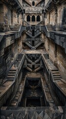 Fototapeta premium A view from above of an ancient intricately carved well with a network of steps leading down