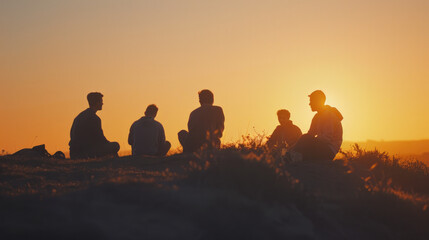Fototapeta premium Silhouette of 5 young boys speaking in a top of mountain enjoying the view of nature