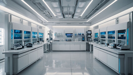 Naklejka premium Futuristic white laboratory or medical clinic interior without people. Illustration