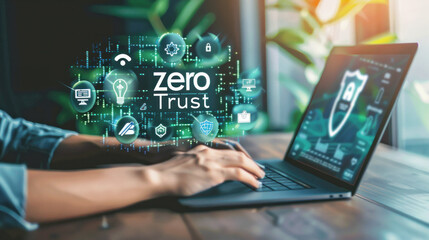 A person is typing on a laptop with security icons and text "Zero Trust" 