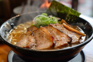 A bowl of steaming ramen with sliced pork and nori.