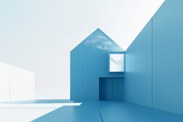 A minimalist, contemporary architectural design featuring a simple house structure in cool blue tones, with sharp angles and clean lines, bathed in natural light.
