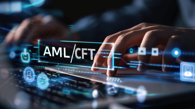 he hand of a businessman using a laptop with security icons and the text "AML/CFT" on a virtual screen