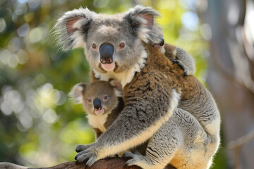 Obraz premium A koala tenderly holding its young amidst a sun-dappled forest, evoking warmth and maternal love in a tranquil natural setting.
