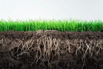 Fototapeta premium A cross-sectional view of the earth shows lush green grass above with intricate roots spreading through rich, dark soil below.