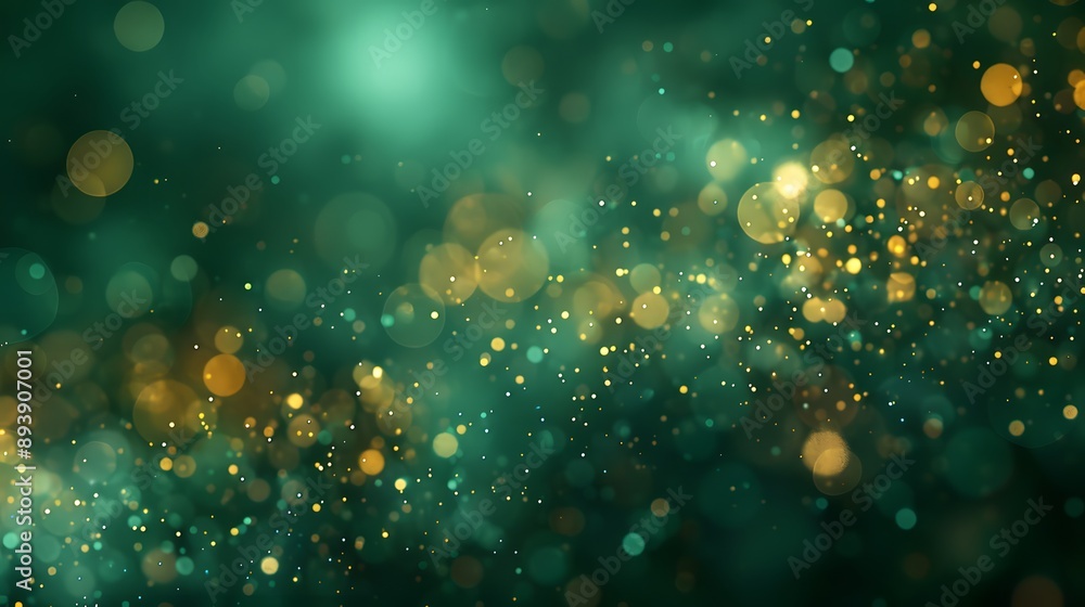 Wall mural a mesmerizing abstract background featuring shimmering green and gold bokeh lights, creating a festi