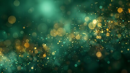 A mesmerizing abstract background featuring shimmering green and gold bokeh lights, creating a festive and enchanting atmosphere. 