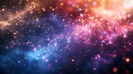 Obraz premium A vibrant cosmic background filled with colorful bokeh effects and star-like sparkles, ideal for creative projects and digital designs.