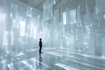Ethereal Art Installation with Suspended Panels and Reflective Surfaces