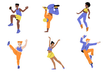 Happy dancing people. Colourful illustrations of diverse dancers performing various dance moves and poses. 