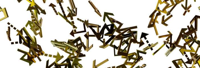 A swarm of golden arrows points in every direction creating a chaotic and dynamic visual