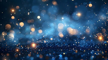 A mesmerizing abstract background featuring shimmering bokeh lights and sparkling particles in shades of blue and gold, perfect for creative projects and festive themes. 