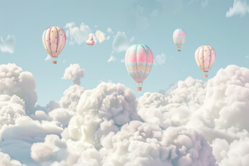 Fototapeta premium Whimsical hot air balloons float above fluffy clouds in a serene, pastel-colored sky, evoking a dreamy and peaceful atmosphere.