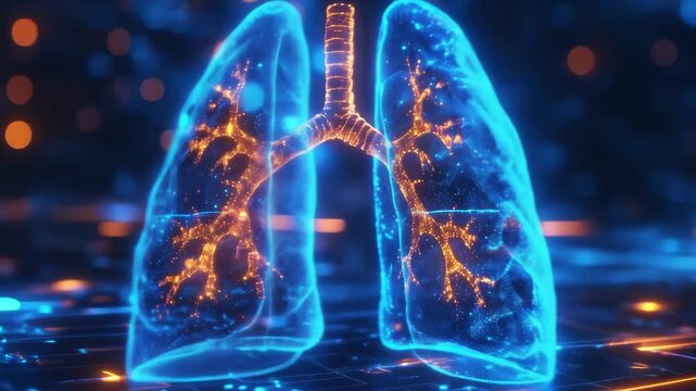 A hologram of the lungs on an animated background showing the respiratory system.