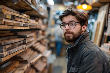 Obraz premium Thoughtful Craftsman in a Woodworking Shop Surrounded by Timber