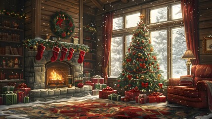Fototapeta premium A cozy, festive living room decorated for Christmas, featuring a beautifully adorned tree, a roaring fireplace, and presents wrapped in colorful paper, set against a snowy backdrop. 