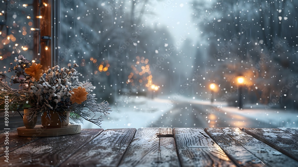 Wall mural A serene winter scene featuring softly falling snow, a rustic wooden table adorned with flowers, and a blurred view of a snowy street illuminated by streetlights. 