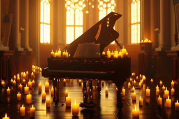 A grand piano illuminated by numerous candles, set in an elegant room with tall windows, exuding warmth and tranquility. - Powered by Adobe