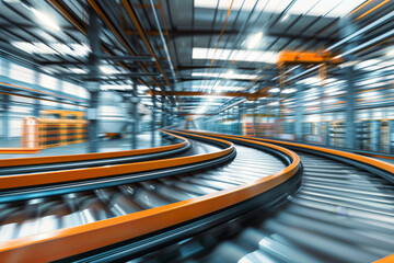 Blurred motion image of an intricate network of conveyor belts in a modern, high-tech industrial facility.