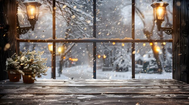 A cozy winter scene viewed through a window, featuring snow-covered trees, softly glowing lanterns, and decorative pots, evoking a warm holiday atmosphere. 