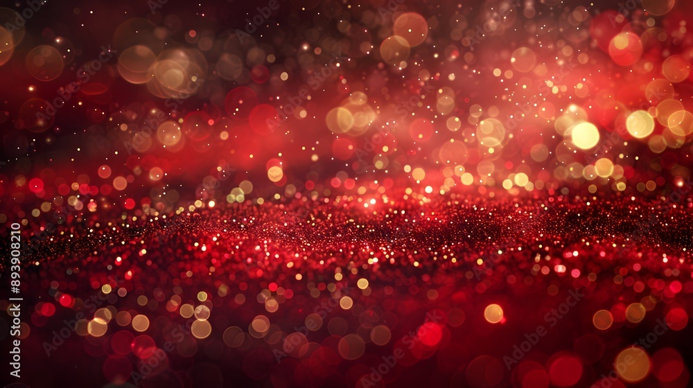 Wall mural a stunning display of shimmering red and gold bokeh lights creating a festive and magical atmosphere
