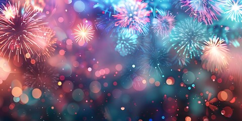 Obraz premium A vibrant and colorful background featuring fireworks and bokeh effects, perfect for celebrations and festive occasions. 