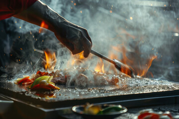 A chef, surrounded by dramatic flames and smoke, cooks colorful vegetables and meat on a teppanyaki grill.