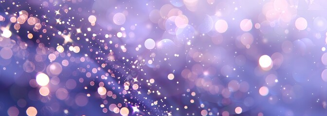 A dreamy, shimmering background of soft purple tones and scattered bokeh lights perfect for various design projects and celebrations.