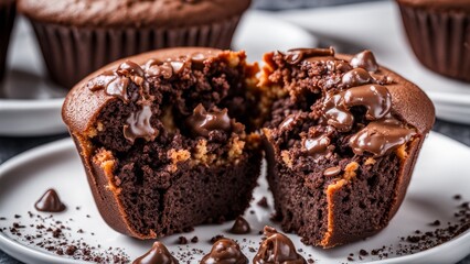 Chocolate muffin filled with liquid chocolate, food photography.