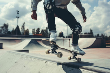 Obraz premium A skateboarder wearing safety gear executes a mid-air trick at an outdoor skatepark under a partly cloudy sky, embodying youthful energy and thrill.