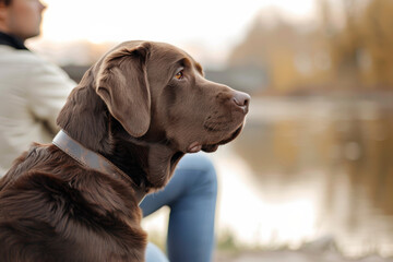 A chocolate Labrador sits calmly by a person near a serene lake, embodying companionship and tranquility in a nature setting.