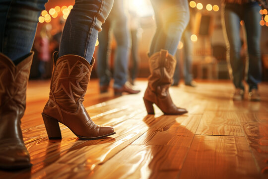 A close-up of cowboy boots moving rhythmically on a polished wooden floor, capturing the essence of a line dance illuminated by soft, golden lights.
